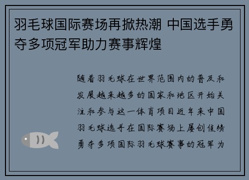 羽毛球国际赛场再掀热潮 中国选手勇夺多项冠军助力赛事辉煌