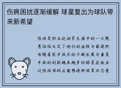 伤病困扰逐渐缓解 球星复出为球队带来新希望