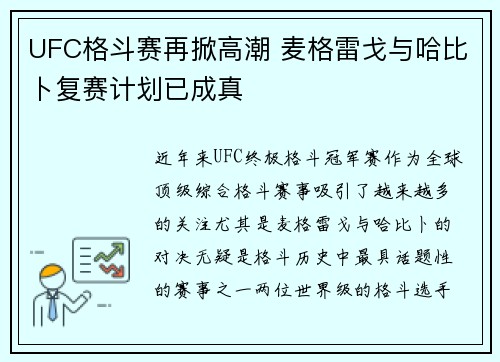 UFC格斗赛再掀高潮 麦格雷戈与哈比卜复赛计划已成真